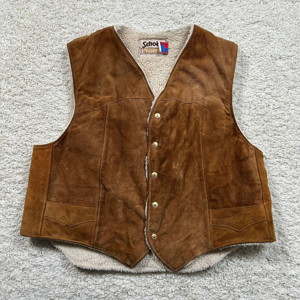 Schott Western Vest XXL Brown Suede Leather Sherpa Lined Snap Made in USA
